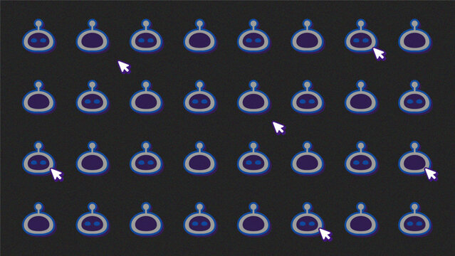 Dark mode. AI Robot Pixel Pattern Technology Background with Cursor Seamless Vector.
