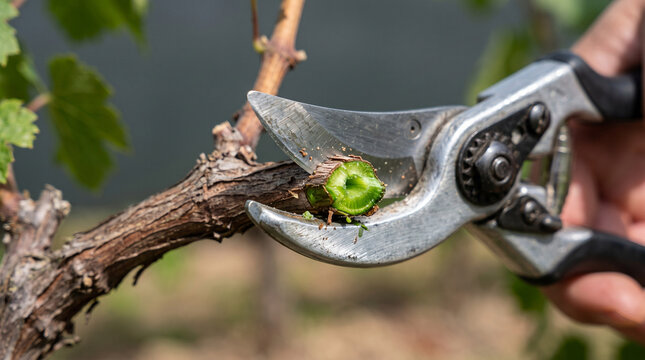 Pruning grapevine branch with secateurs showing green inner stem