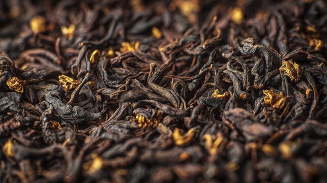 Extreme macro texture of premium aged shu pu erh loose tea leaves, rich dark brown twisted leaves with subtle golden buds, ultra detailed natural