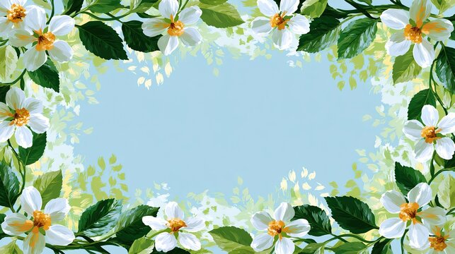 Soft light blue background framed by delicate white and orange apple blossoms, realistic five-petal flowers with orange yellow centers, deep and light green leaves weaving along outer border, inner ar