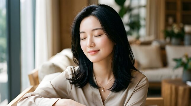 Serene asian woman relaxing by a window enjoying peaceful moment
