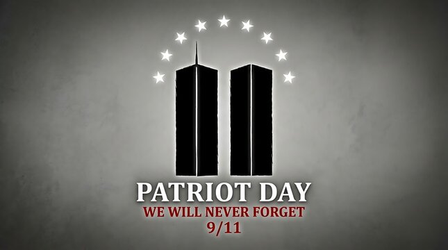 Patriot Day 9/11 Tribute with Twin Towers Silhouette, Stars, and 'We Will Never Forget' Text on Dark Background