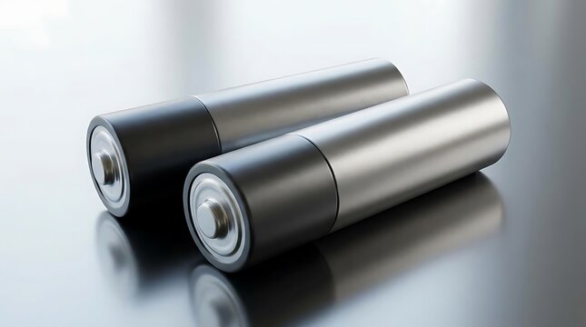 Two modern 2 aa batteries metallic surface close up shot displaying sleek industrial design for energy consumption and power supply concepts on studio background