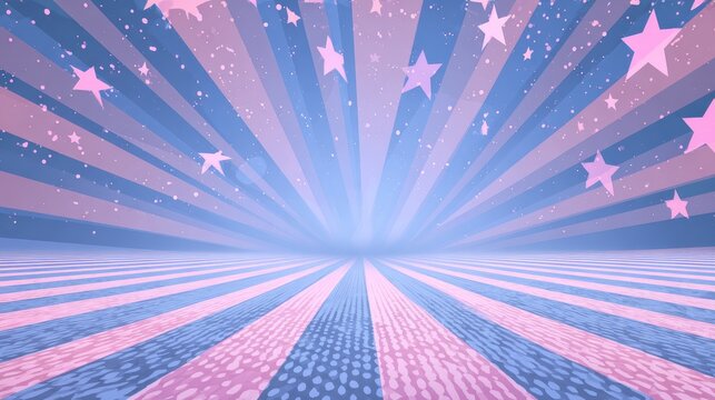 Stage spotlight beams in pastel blue and pink, halftone dots radiating from center, stylized star shapes floating in scene, energetic comic effect