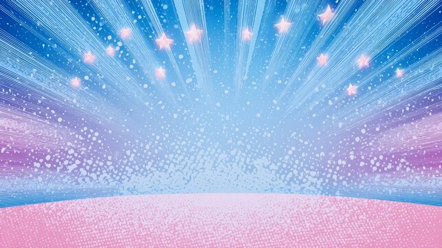 Stage spotlight beams in pastel blue and pink, halftone dots radiating from center, stylized star shapes floating in scene, energetic comic effect