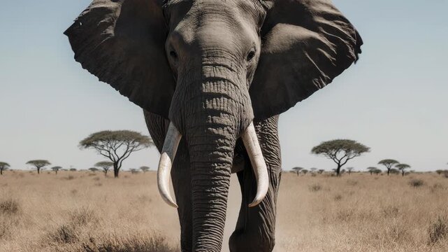 African elephant walking through dry grassland with acacia trees in the background, showcasing its majestic presence and large tusks in a natural habitat setting
