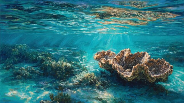 Giant clam resting on a vibrant coral reef in turquoise ocean water with sun rays for marine biology education and travel marketing