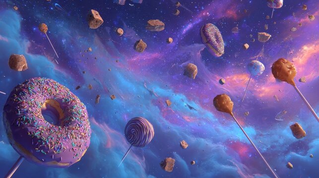 Whimsical cosmic scene with orbiting donuts, lollipop comets, caramel meteor showers, and cake-shaped asteroids against a dreamy nebula background