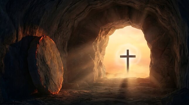 Dramatic empty tomb with glowing light and cross silhouette, symbolizing resurrection and hope in a sacred cave