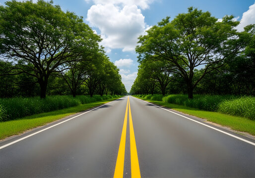 Empty two-lane road stretching into green forest under blue sky isolated on white background