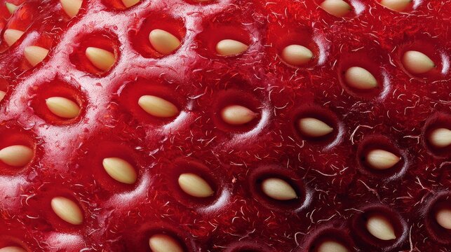 Vivid close-up showing the natural pattern of strawberry seeds embedded in its soft red skin