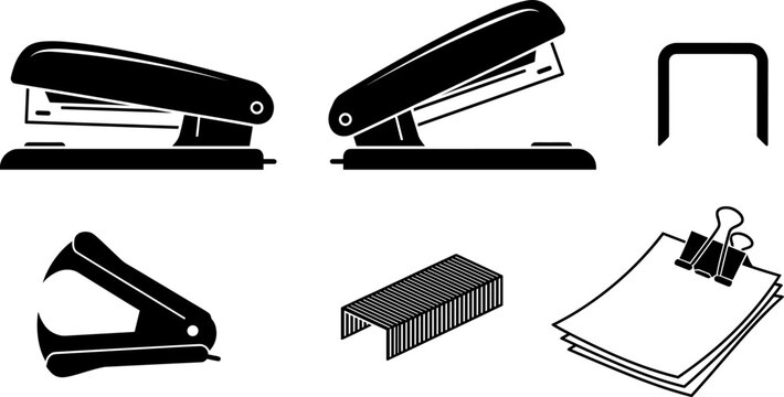 Office Stapler and Document Binder Clip Silhouette Icon Set for Stationery Supplies, Vector