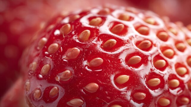 Detailed macro shot of strawberry surface revealing intricate dimples and subtle color gradients