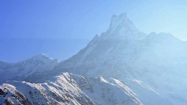 Mt.Machapuchare the holy mountain in Annapurna region in Nepal seen from Mardi Himal upper viewpoint in Spring season.