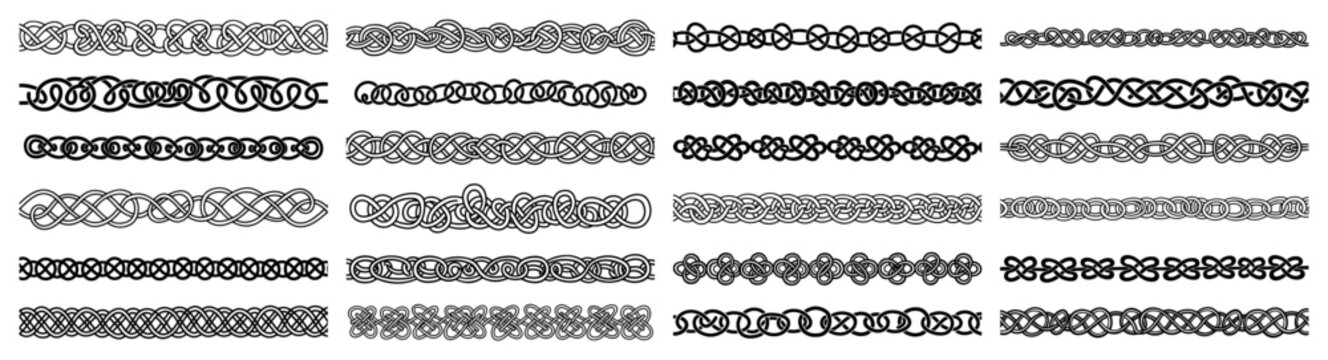 Celtic knot border collection with traditional braided patterns and interlocking line art ornaments