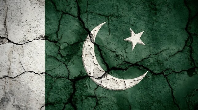 Cracked and textured Pakistani flag with crescent and star on green and white background, symbolizing resilience and national pride
