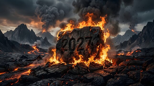 Fiery 'happy new year 2027' concept volcanic rock with burning numerals dramatic landscape