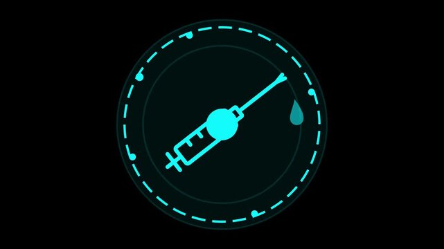 Neon Cyan Glowing Medical Syringe Icon in Circular HUD Frame for Digital Healthcare and Vaccination Technology Concepts on Black Background