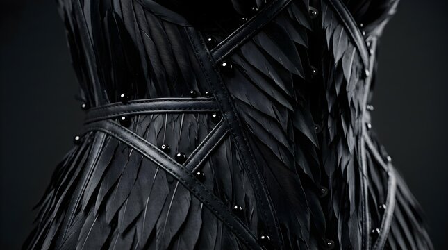 Detail of a black textured corset dress with feathers and beads