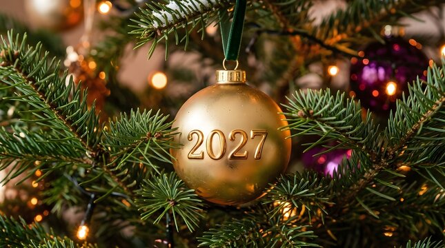 Festive happy new year 2027 celebration golden ornament on christmas tree with bokeh lights
