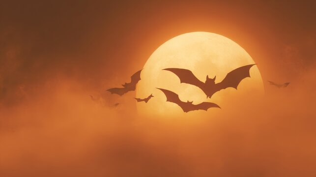stylized bats with sharp wings flying under a glowing orange moon, eerie mist effect, graphic illustration