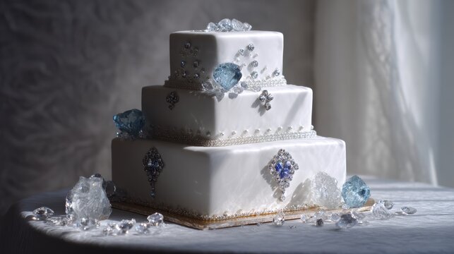 white tiered cake with crystal-like sugar decorations, silver edible glitter, and small gemstone-shaped candies