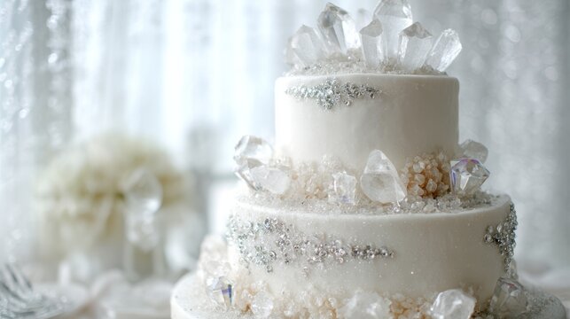 white tiered cake with crystal-like sugar decorations, silver edible glitter, and small gemstone-shaped candies