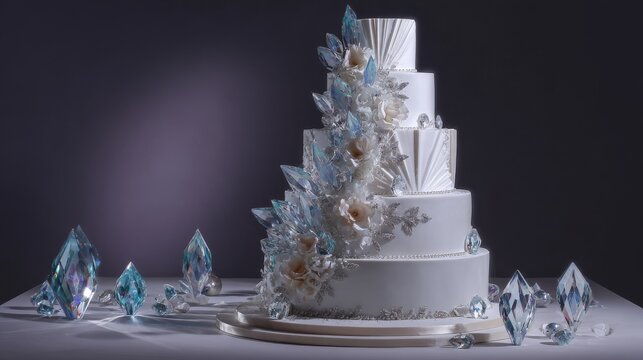 white tiered cake with crystal-like sugar decorations, silver edible glitter, and small gemstone-shaped candies