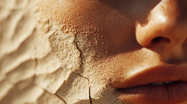 Split composition of woman s cheek skin microcracks fading into sun-baked sand ridges, highlighting skin dryness concept