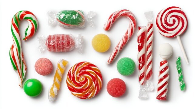 Vibrant top-down illustration of assorted candies including candy canes, lollipops, wrapped sweets, and gumdrops on a clean white background