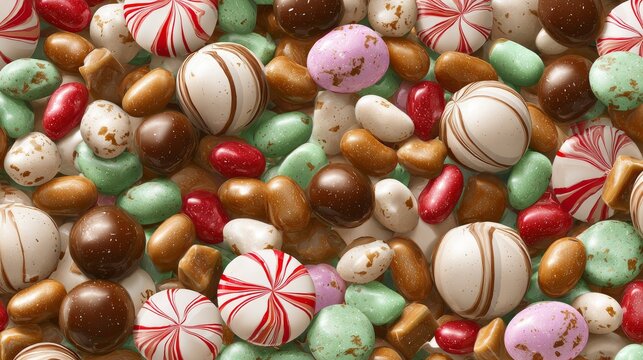 Playful vector arrangement of colorful jelly beans, peppermint swirls, chocolate truffles, and caramel cubes in scattered pattern