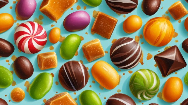 Playful vector arrangement of colorful jelly beans, peppermint swirls, chocolate truffles, and caramel cubes in scattered pattern