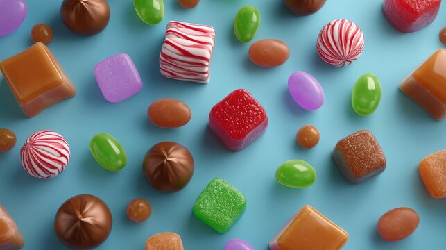 Playful vector arrangement of colorful jelly beans, peppermint swirls, chocolate truffles, and caramel cubes in scattered pattern