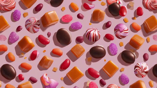 Playful vector arrangement of colorful jelly beans, peppermint swirls, chocolate truffles, and caramel cubes in scattered pattern