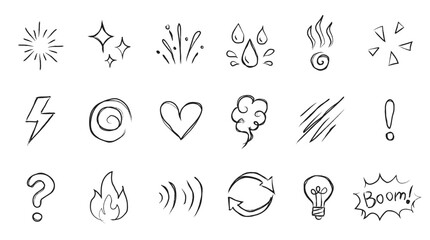 A collection of eighteen diverse hand-drawn sketches featuring various icons and expressive symbols in black ink © Soma