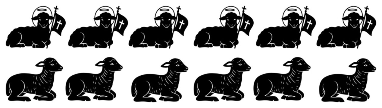 Agnus Dei lamb of god symbols with halo and cross flag in traditional religious style