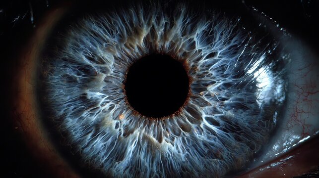 Ultra-detailed macro of a human eye with luminous iris patterns radiating from a deep black pupil
