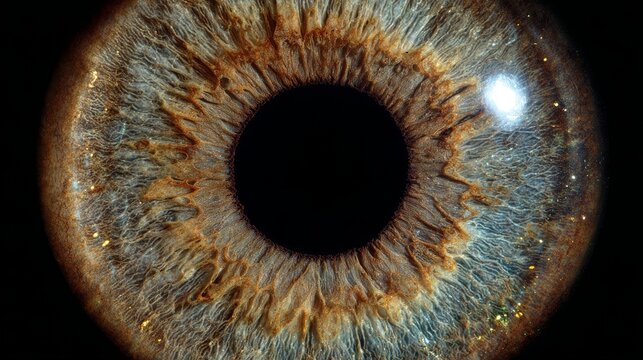 High-resolution shot of hazel iris with visible fiber texture and glistening reflection on black background