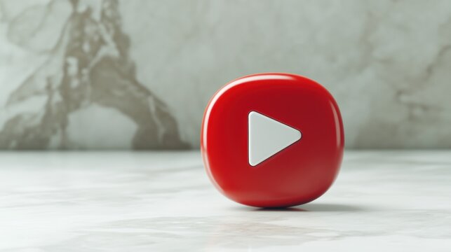 Play Button Icon, Red and White, on a Light Gray Surface