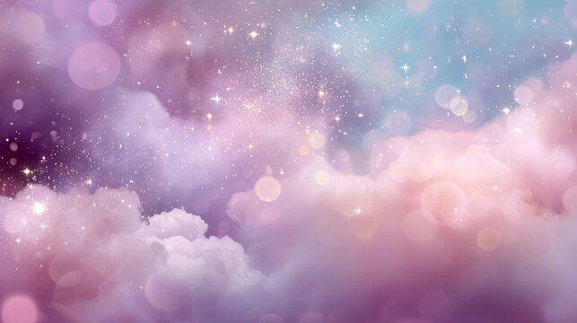 Girly fantasy scene of fluffy pastel clouds, shimmering star clusters, and smooth bokeh circles