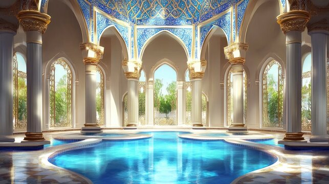 Opulent Islamic Palace Interior: Tranquil Pool, Ornate Arches, Blue Ceiling.