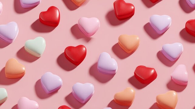 Pattern of bright candy hearts scattered over soft pink background with drop shadows for depth