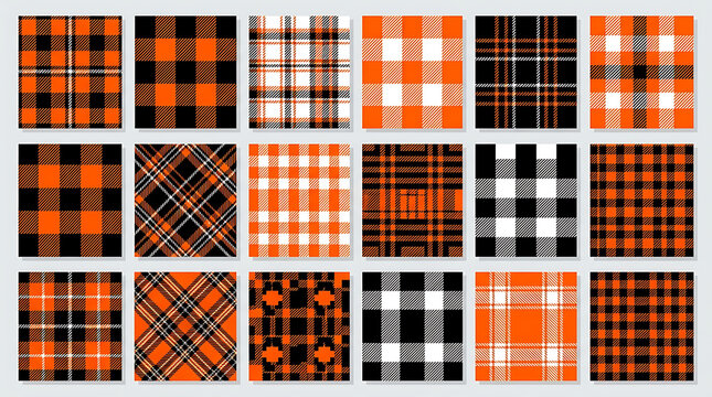 Set of orange and black plaid tartan patterns for autumn with checkered