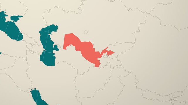 Uzbekistan map. Animated zoom into the country on the Globe in Teal Pale Mint color palette. Country logo animation. Map with meridians, parallels. Trending video.