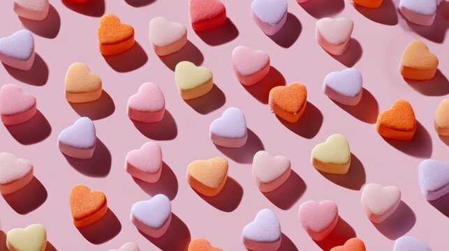 Pattern of bright candy hearts scattered over soft pink background with drop shadows for depth