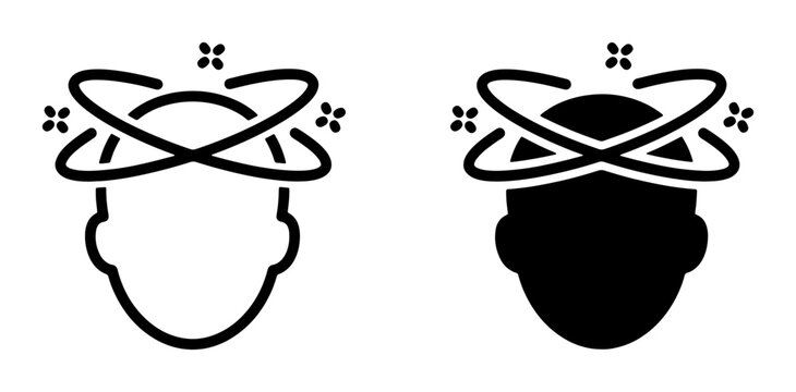 Dizzy Head Icon Set, Vertigo Symbol, Motion Sickness Graphic, Brain Swirl, Confusion Illustration, Medical Concept, Black and White Vector