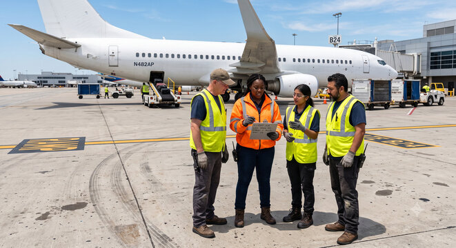 Diverse airport ground crew discussing logistics on sunny tarmac.