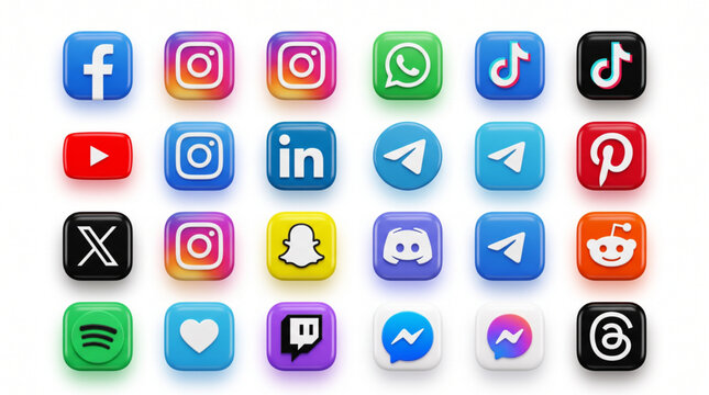 Social media 3d icons set and glossy app logos isolated on white background, professional collection for facebook instagram whatsapp tiktok youtube linkedin telegram pinterest snapchat and discord.