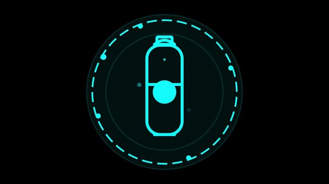 A minimalist, futuristic, cyan-colored icon depicting a stylized water bottle with internal markings, presented within a circular, segmented border against a black background