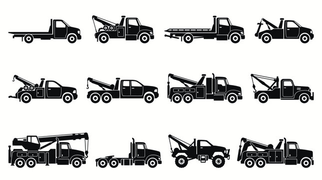 Black Tow Truck Icons Collection Featuring Flatbed Wheel Lift Boom Crane Vehicle Recovery Transport Symbol Vector Design